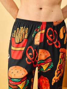 Men's Hamburger Pattern Elastic Waist Lounge Pants - Black - View 5