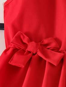 少女红色双层彼得潘领无袖束腰蝴蝶结樱桃印花连衣裙，时尚夏季海滩度假风 - 紅色 - 查看 9