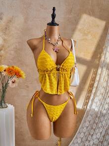 Bellisia Bộ bikini hai dây màu vàng, chất liệu vải dệt họa tiết, thích hợp cho kỳ nghỉ hè/xuân, 26SS. - Màu vàng - Xem 5