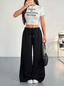 Hanevo 少女抽绳腰宽松喇叭直筒休闲裤，后臀印花图案 - 黑色 - 查看 6