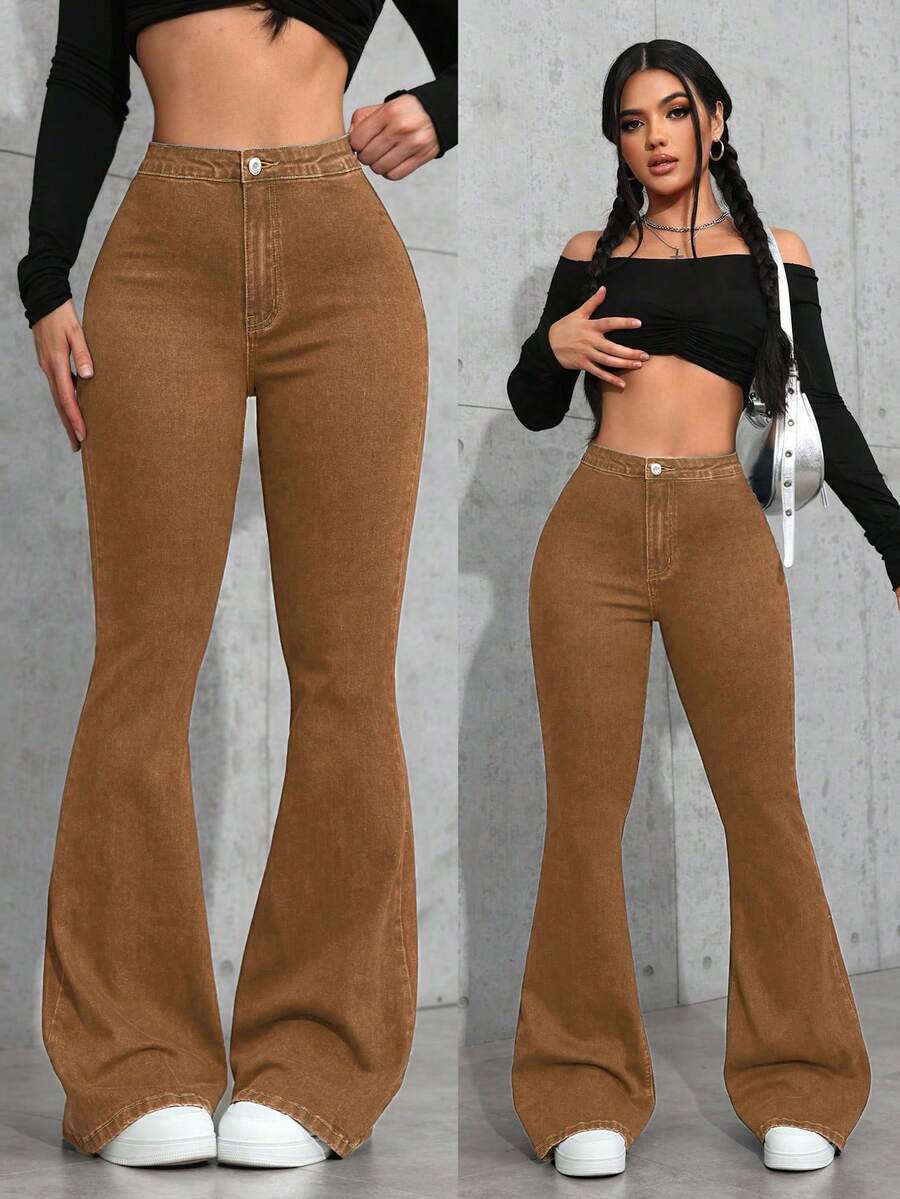 SHEIN Privé Quần jeans ống loe cạp cao, giặt mài, phong cách thường ngày - màu nâu - Xem 1