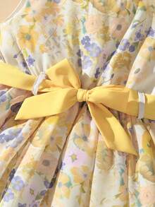 SHEIN 小女孩优雅碎花连衣裙，配有腰带，适合外出和度假 - 黃色 - 查看 7