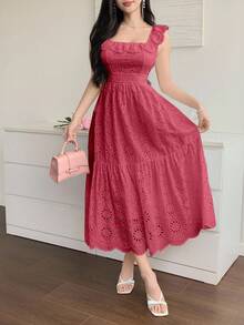 DAZY 法式蕾丝刺绣白色束腰连衣裙，度假仙女风吊带裙 - 玫紅色 - 查看 5