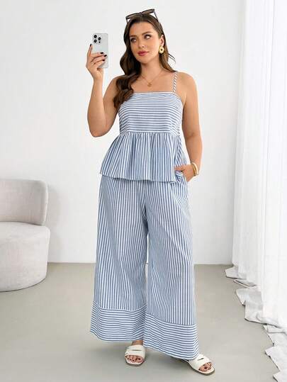 Shapeblank Plus-Size Women's Spring/Summer Fashionable Casual Loose Comfortable Everyday Slimming Blue Striped Camisole Babydoll Top And Wide-Leg Pants Two Pieces Set,Summer Clothes,Vacation Outfits,Clothes For Mother And Daughter