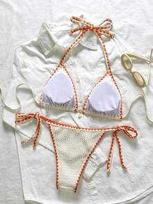 Swim Mod Conjunto de bikini de 2 piezas con tirantes de lazo y volantes de tela jacquard de unicolor para mujer - Albaricoque - Ver 2