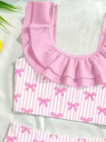 2pcs Baby Girls' Butterfly & Striped Print Ruffle Trim Beach/Swimming Suit Set - Multicolor - View 4