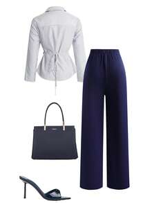 Franclia 大码女式法式休闲优雅条纹衬衫长裤两件套，女士工作服套装，藏蓝色套装，女士春季工作服，会议服，女士商务休闲套装，女士西装套装，商务女性办公室工作服，休闲商务女性套装，居家办公服，休闲商务女性套装，工作服，女士商务休闲套装 - 彩色 - 查看 2