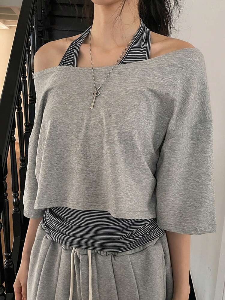 2pcs Women Summer Casual Striped Halter Top And Loose Solid Color Asymmetrical Shoulder T-Shirt Set