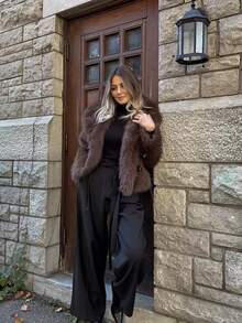 ORNATELLA 复古仿毛领夹克，秋冬时尚单品 - 棕色 - 查看 6