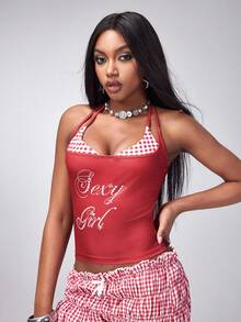 Shutterstock Y2Kool Casual Sexy Urban Chic Minimalist Y2K Fashion Women's 2 In 1 Rhinestone Plaid Backless Camisole Top, Suitable For Daily, Vacation, Date, Party, Valentine's Day, Spring/Summer - Multicolor - View 5