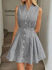 Easowa Women's Black And White Striped Cotton Mini Dress,Mandarin Collar Button Down Sleeveless Pleated A-Line Elastic Waist Summer Casual Brunch Vacation - Black and White - View 6