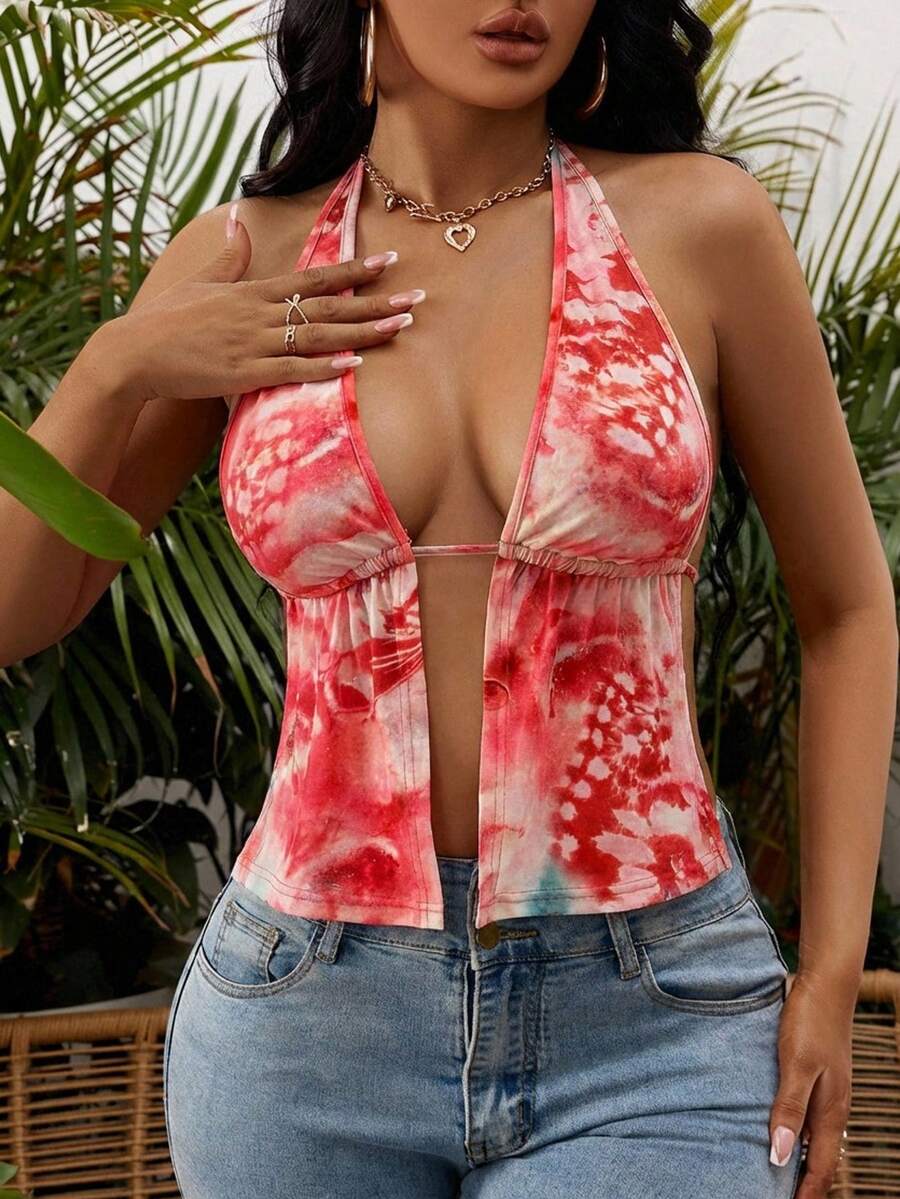 SHEIN SXY 夏季前开衩、露背、系带挂脖黑色上衣 - 彩色 - 查看 1