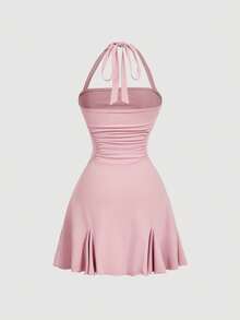 SHEIN MOD Women's Summer Elegant Dusty Mauve Solid Ruched Tie-Waist Halter Mini Dress,Cottagecore French Style Milkmaid One Piece For Dates,Party,Vacation Wear - Pink - View 4