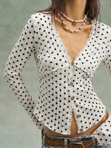 Bohemela 春夏波西米亚风度假情人节音乐节休闲波点V领长袖针织女式衬衫 - 米色 - 查看 6