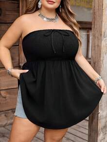 SHEIN CURVE+ Áo kiểu dáng US22, chất liệu vải dày dặn, thích hợp cho lễ hội âm nhạc, kỳ nghỉ bên bờ biển, phong cách Bohemia. Áo không tay, cổ buộc dây, bèo nhún, vạt bất đối xứng, viền ren, màu đen, thích hợp cho mùa xuân/hè. - màu đen - Xem 5