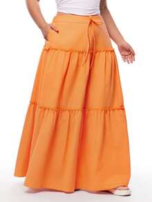 Solavibe 大码休闲纯色前系结荷叶边下摆半身裙 - 橘色 - 查看 11