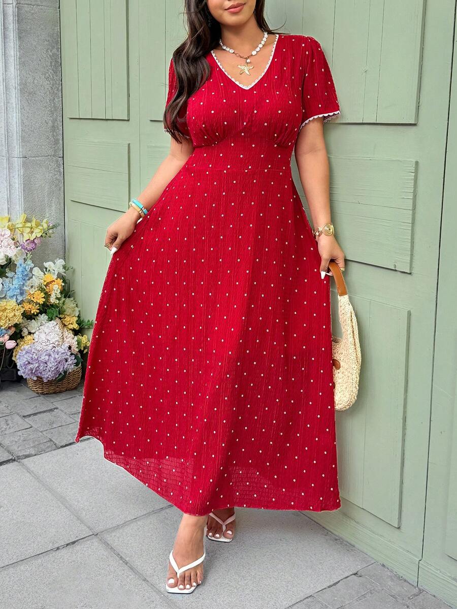 Vionelle Vestido negro con estampado floral diminuto y encaje blanco en escote en V de talla grande, vestido rojo midi de primavera/verano, vestido rojo casual, vestido rojo, vestido de lunares, vestido rojo de mujer, vestido rojo de lunares, vestido rojo de verano, vestido rojo de mujer, vestido midi de verano