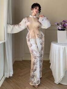 DAZY 女士休闲印花立领抽绳衬衫和阔腿裤两件套，春季 - 杏色 - 查看 6