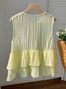 Comfortcana Women's Front Tie Light Yellow Ruffle Hem Sleeveless Blouse, Summer Yellow Babydoll Top - Yellow - View 2