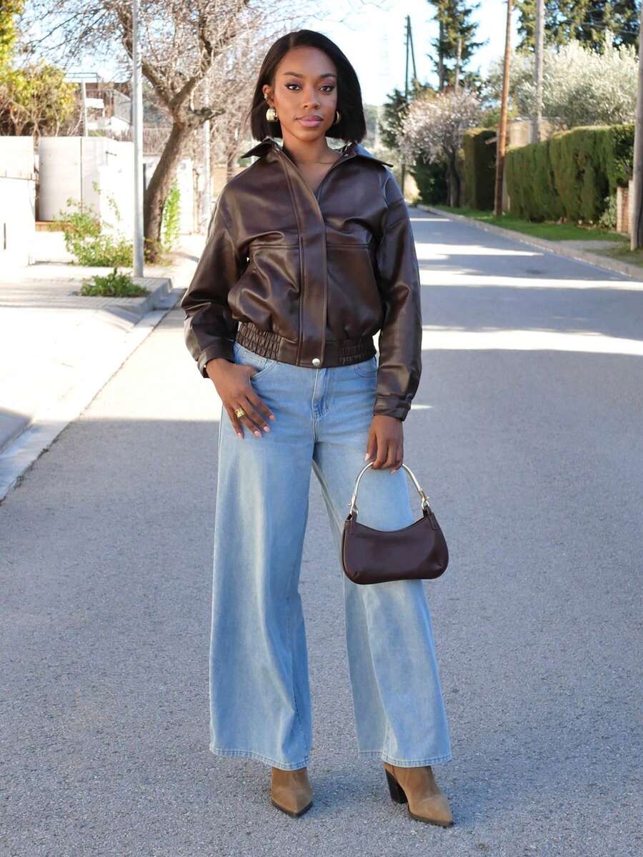 Yess Loren Damen Einfarbige Lange Ärmel Reißverschluss Vorne PU Leder Lässige Jacke, Herbst Frauenkleidung - Kaffeebraun - Übersicht 1