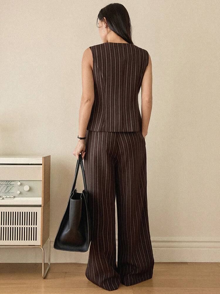Women's Striped Single-Breasted Vest And Wide-Leg Pants Casual Commuter 2 Pieces Set,Wedding Guest Dress Women Business Casual Woman