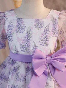 年轻女孩修身可爱度假风中长连衣裙，方领，泡泡袖，撞色蝴蝶结装饰。 - 紫色 - 查看 7