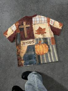 Manfinity Roghcode Men's Vintage Cross & Pumpkin Print Round Neck Short Sleeve T-Shirt - Multicolor - View 2