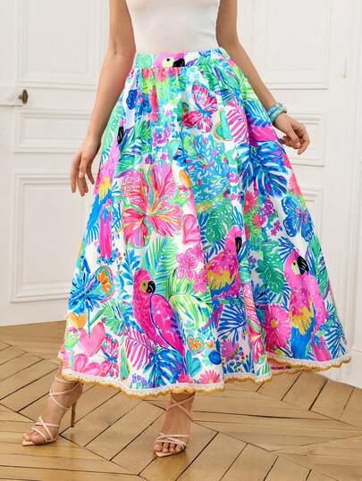 LOTSLUV 女士春夏度假风手绘鹦鹉牡丹印花，紫红色、蓝色和绿色彩色印花，收腰褶皱超喇叭裙摆拼接金色花卉饰边半身裙