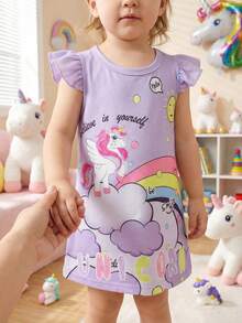 SHEIN Baby Girl Round Neck Cartoon Letter Print Ruffle Sleeve Dress, Suitable For Daily Wear - Purple - View 4