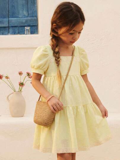 Emery Rose Kids 女童纯色方领泡泡袖休闲连衣裙