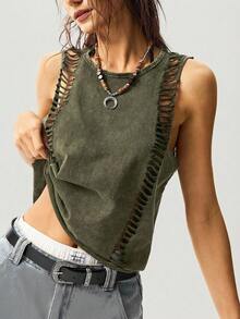 Bohemela Áo tank top dệt kim màu trơn dáng ngắn dành cho nữ - xanh quân đội - Xem 4