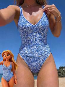 SHEIN Swim Set Baju Renang Tankini Wanita Motif Bunga dengan Tali Bahu Tipis untuk Liburan - Blue and White - View 3