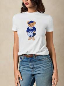 Briarwyn 2026 New Arrive Women's Casual Cartoon Bear Embroidered Round Neck Short Sleeve T-Shirt, Summer For Women, Valentines For Women, Beach, Going Out Top, Graphic Tee Women - White - View 2
