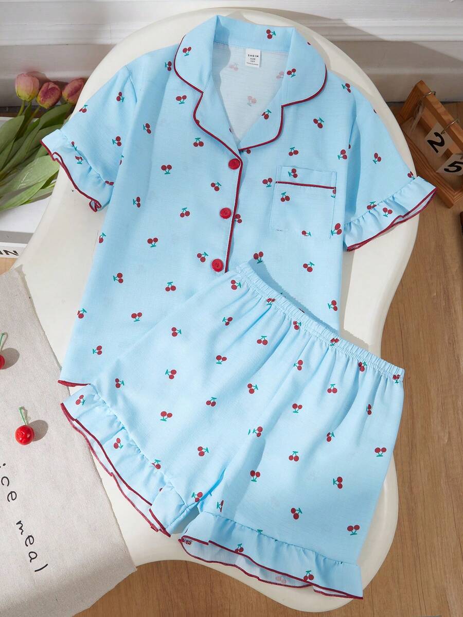 Genkimix Kids Summer Clothes Tween Girls Pajamas Set, Comfortable & Fashionable Cherry Print Ruffle Trim Elegant Short Sleeve Shorts 2 Pieces Sleepwear - Baby Blue - View 1