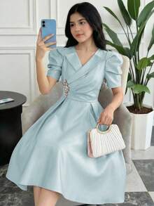SHEIN Teen Girls Green Satin Gigot Sleeve A-Line Party Evening Dress - Green - View 6