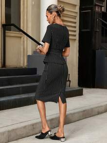 Editum 女士早春优雅通勤条纹腰身衬衫和半裙套装 - 黑與白 - 查看 2