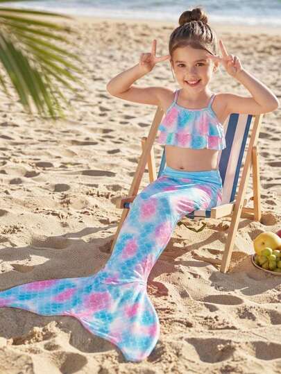 SHEIN 3pcs/Set Young Girls' Casual Minimalist Camisole & Triangle Bikini Swimsuit Set, Suitable For Summer