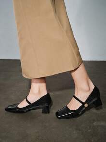 女士新款便捷魔术扣带高跟鞋，粗跟，方头，时尚，百搭，中跟鞋，法式玛丽珍鞋，黑色，展现优雅，专业工作鞋。 - 黑色 - 查看 5