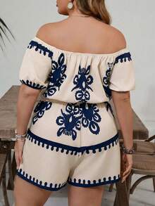 SHEIN VCAY Mono de hombros descubiertos minimalista y estampado para uso diario en tallas grandes - Azul - Ver 2