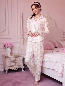 Bonmuse Bộ đồ ngủ in nơ thanh lịch 2 món, bao gồm áo dài tay thoải mái có cổ và quần cạp chun rộng rãi, thích hợp làm đồ ngủ, mặc đi chơi, dự tiệc, mặc được mọi mùa, mặc mùa đông - Hồng - Xem 4