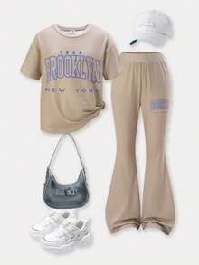 SHEIN Explorewe 2pcs/Set Printed Short Sleeve T-Shirt And Flare Pants Outfit For Tween Girl, Fashionable Casual Suitable For Spring, Summer, Autumn - Khaki - View 1