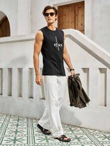 Mercer Haus 男士夏季休闲字母印花圆领背心 - 黑色 - 查看 7