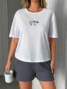 SHEIN 女士纯棉两件套家居服，圆领撞色刺绣细节短裤和纯色短裤，舒适休闲套装 - 白色 - 查看 5