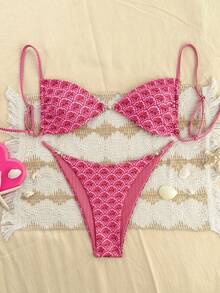 Swim Mod 2026 Women's Summer Beach Floral Print Sexy Bikini Set, Random Print - Hot Pink - View 2