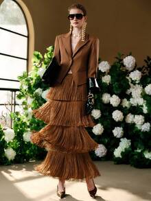 Arave Women's Woven V-Neck Shoulder Gathered Waist Elegant Office Commute Blazer Top, Winter - Camel - View 1