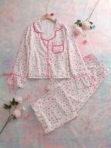 SHEIN 大码女式碎花长袖纽扣上衣和裤子睡衣套装 - 彩色 - 查看 1