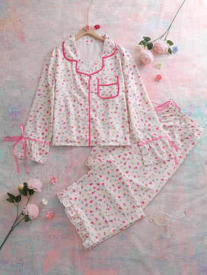 Plus Size Women Ditsy Floral Long Sleeve Button-Up Top And Pants Pajama Set