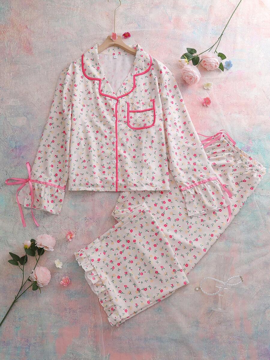 SHEIN 大码女式碎花长袖纽扣上衣和裤子睡衣套装 - 彩色 - 查看 1