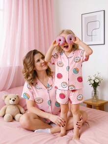 1. 女童甜甜圈印花短袖休闲宽松两件套睡衣，翻领开衫短袖短裤家居服，粉色甜甜圈印花儿童睡衣，可爱卡通宽松女童两件套 - 粉色 - 查看 3