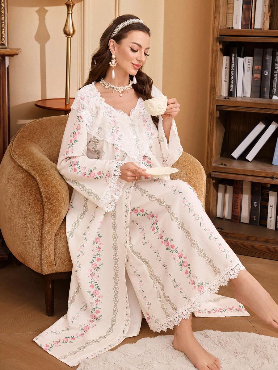 PalaceNights Floral Print Lace Decorated Loose Long Sleeve Robe, Camisole Slip Dress With Ruffle Trim, Woven Textured Fabric Women Pajama Set - Apricot - View 1